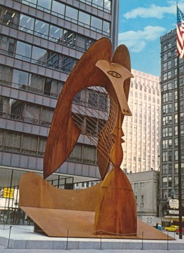 Featured is a postcard view of a very ambitious metalworked sculpture ... the end result of some very sophisticated metalworking can be seen in front of Chicago's Daley Center Plaza. It was a gift to the city by the artist, Pablo Picasso, and is called "The Picasso Sculpture".  The original unused postcard is for sale in The unltd.com Store.